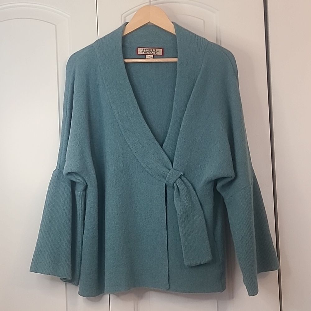 Beyond Threads Alpaca Wool Blend Tie Wrap Sweater Teal Aqua Size XL